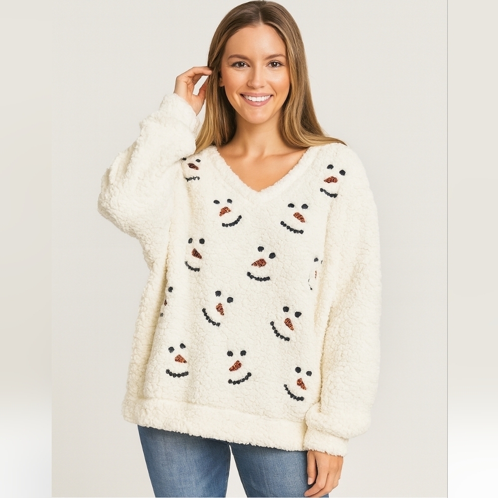 Fashion By Mirabeu Cozy White Sherpa Snowman Face Sweater Soft Fleece size L.